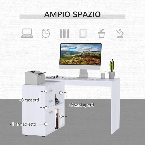 Homcom Scrivania ad Angolo con Cassettiera, Scrivania Angolare Bianca Montaggio Facile per Casa Ufficio Studio Bianco, 117x83.5x76cm|Aosom