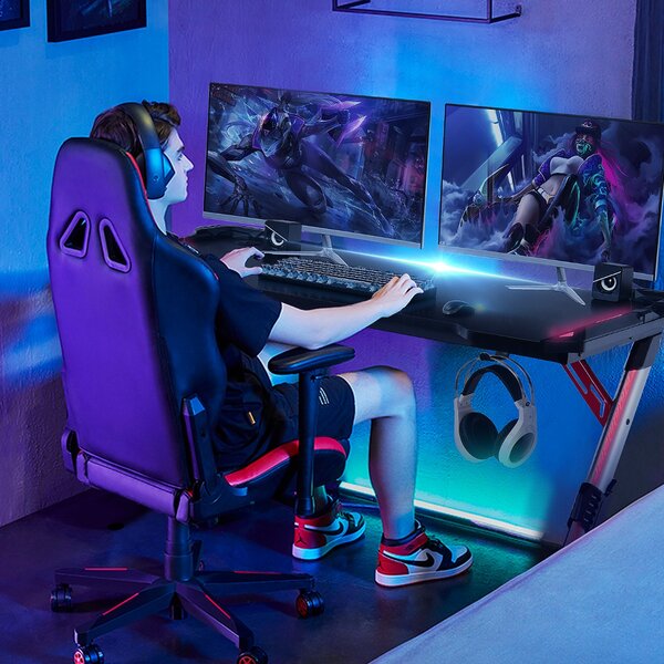 Costway Scrivania ergonomica da gaming a forma di Y con luci RGB LED, Scrivania per PC per casa e ufficio 120x60x74cm