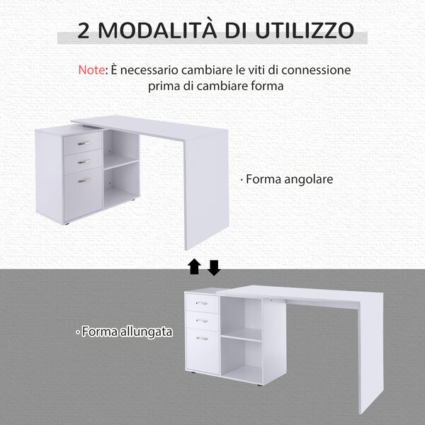 Homcom Scrivania ad Angolo con Cassettiera, Scrivania Angolare Bianca Montaggio Facile per Casa Ufficio Studio Bianco, 117x83.5x76cm|Aosom