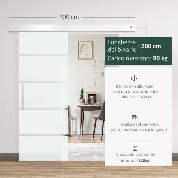 Homcom Porta Scorrevole in Vetro a Strisce Temperato di sicurezza Porte per Interni con Binario Silenzioso in Alluminio 75x210cm|Aosom