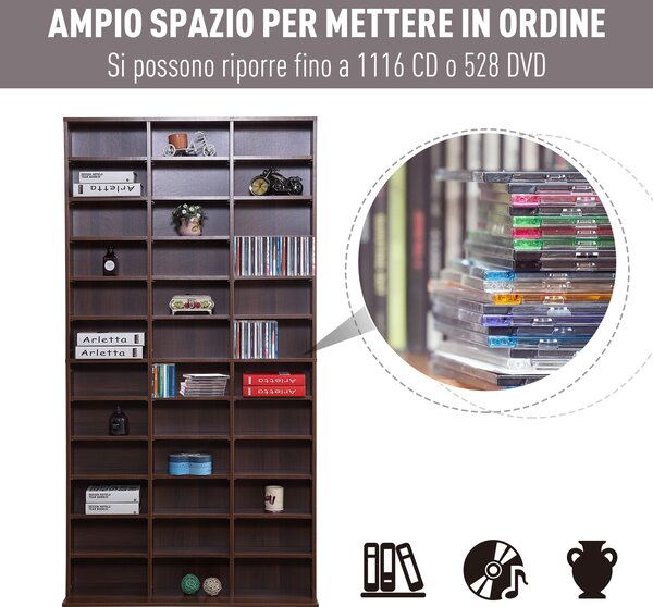 Homcom Libreria da Muro porta CD DVD in Legno,Mobile Soggiorno Regplabile con 36 scompartimenti, Marrone 195 × 102 × 23.5cm|Aosom