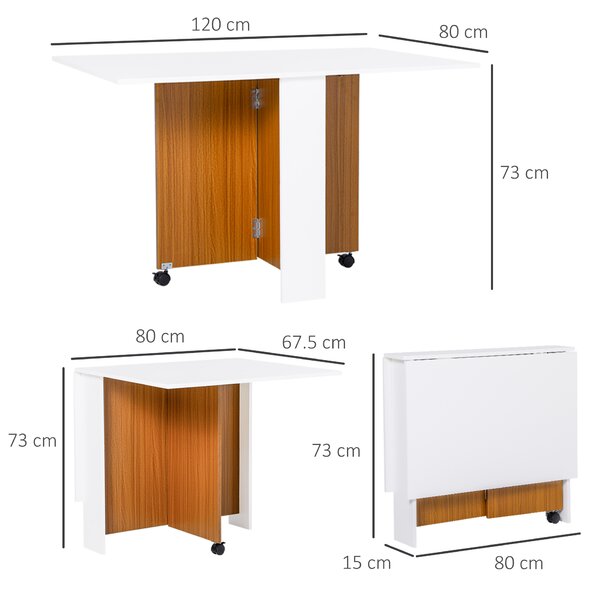 Homcom Tavolo Pieghevole da Pranzo con Ruote, Tavolino Pieghevole salvaspazio, Bianco e Legno, 120x80x73cm|Aosom