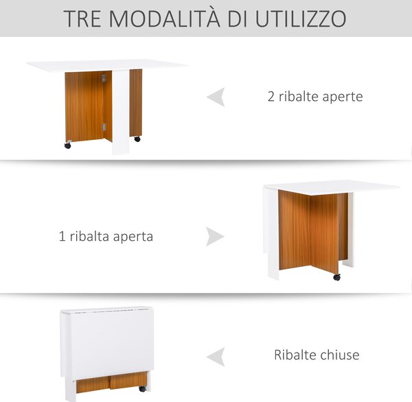 Homcom Tavolo Pieghevole da Pranzo con Ruote, Tavolino Pieghevole salvaspazio, Bianco e Legno, 120x80x73cm|Aosom
