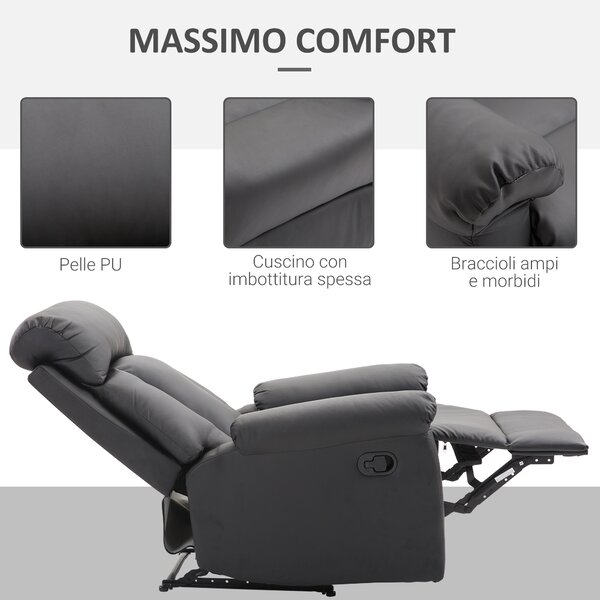 HOMCOM Poltrona Relax Reclinabile Imbottita Ergonomica con Poggiapiedi Similpelle, Poltrona Relax Manuale, 80x97x107cm, Nero | Aosom Italy