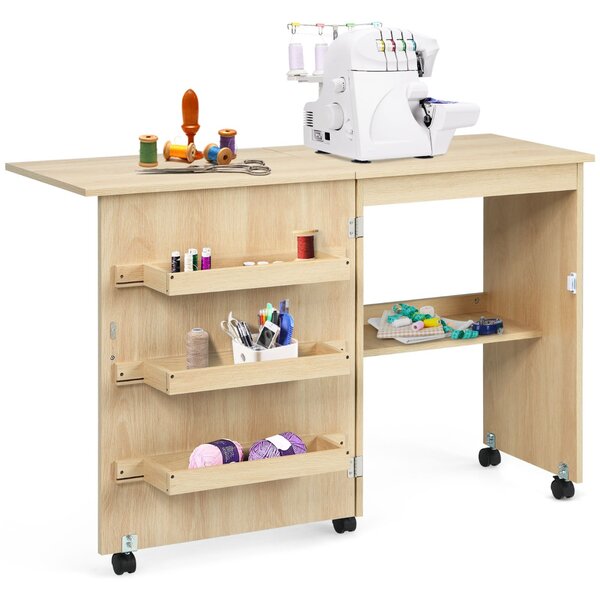 Costway Mobiletto per macchina da cucire pieghevole Tavolo da cucito con mensole 117x40x78cm Naturale