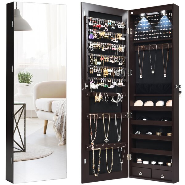 Costway Armadio portagioie con specchio in legno a parete con LED interno 33,5x10x120cm Marrone