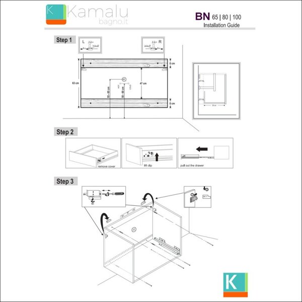 Mobile bagno 65cm sospeso con cassetto scorrevole BN-65B - KAMALU