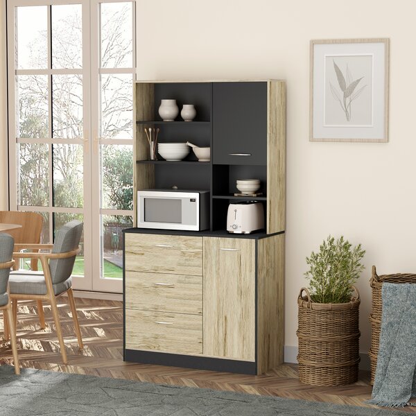 HOMCOM Mobile Cucina Credenza Moderna Salvaspazio con 2 armadietti 3 cassetti 3 ripiani Legno 90 x 39 x 169cm Bicolore Grigio Rovere Chiaro