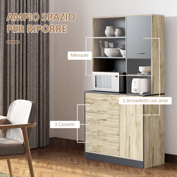 HOMCOM Mobile Cucina Credenza Moderna Salvaspazio con 2 armadietti 3 cassetti 3 ripiani Legno 90 x 39 x 169cm Bicolore Grigio Rovere Chiaro