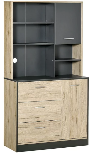HOMCOM Mobile Cucina Credenza Moderna Salvaspazio con 2 armadietti 3 cassetti 3 ripiani Legno 90 x 39 x 169cm Bicolore Grigio Rovere Chiaro