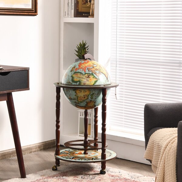 Mappamondo Bar In Legno - Carrello Portabottiglie Con Ruote, 45x45x88cm