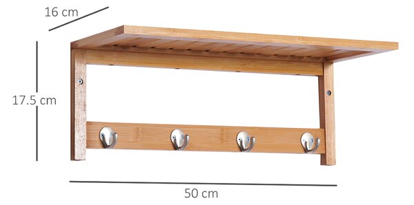 HOMCOM Appendiabiti con Mensola Attaccapanni a Parete con Ripiano Bambù 50 × 16 × 17.5cm|Aosom