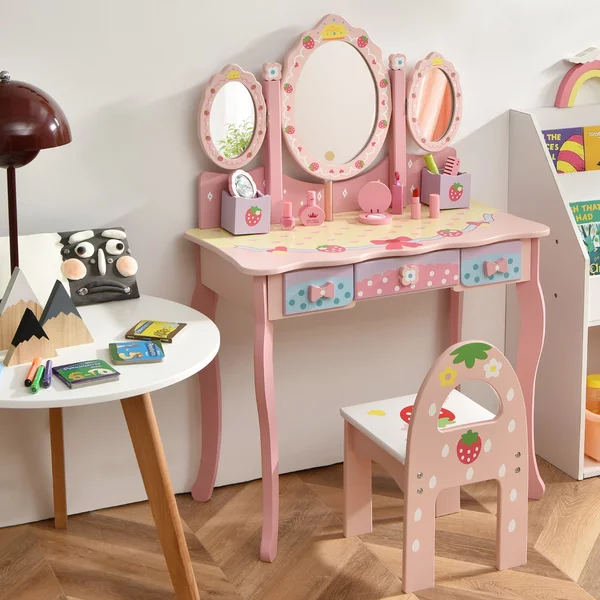 Costway Set toeletta con specchio tripartito e 3 cassetti per bambini, Tavolo da trucco con sgabello e 2 scatole Rosa