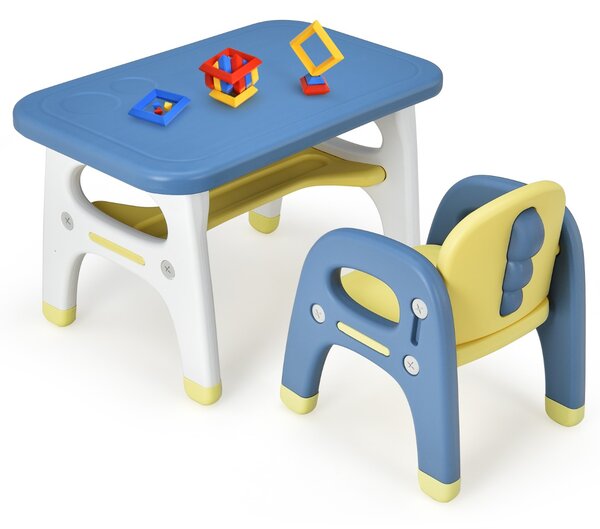 Costway Set tavolo e sedia per bambini con forma di dinosauro, Mobili di plastica con mensola e costruzioni Blu