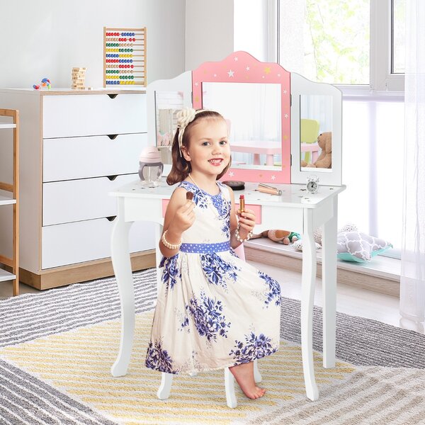 Costway Set tavolo toeletta e sgabello per bambini con specchio tripartito, Set toeletta con stampe di stelle Bianco