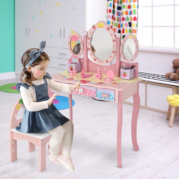 Costway Set toeletta con specchio tripartito e 3 cassetti per bambini, Tavolo da trucco con sgabello e 2 scatole Rosa