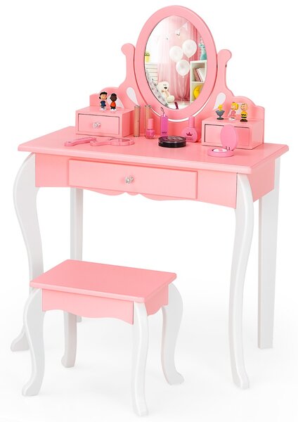 Costway Set toeletta per bambini con specchio girevole a 360° e 3 cassetti, Set tavolo da trucco e sgabello Rosa