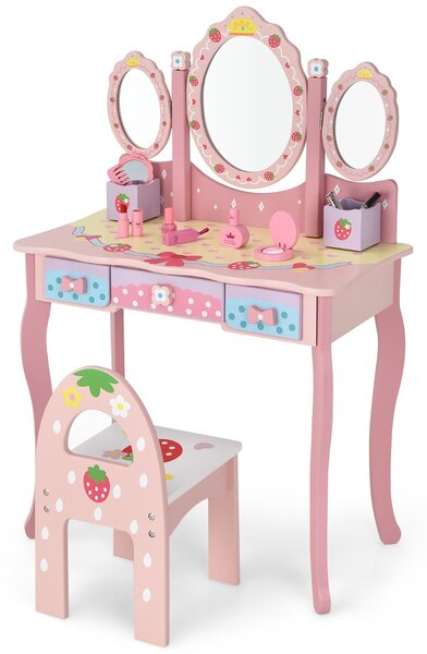 Costway Set toeletta con specchio tripartito e 3 cassetti per bambini, Tavolo da trucco con sgabello e 2 scatole Rosa