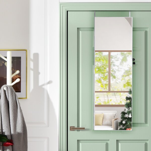 Costway Armadio per gioielli al muro o alla porta con specchio, Organizer gioielli con 6 luci LED e 2 cassetti Bianco