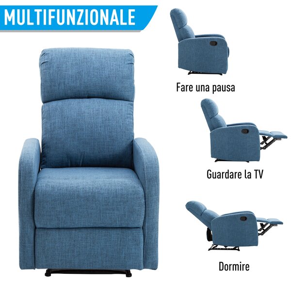 HOMCOM Poltrona Reclinabile 145° con Poggiapiedi e Struttura in Legno Massello, Poltrona Relax Reclinabile in Tessuto di Lino, Blu | Aosom Italy