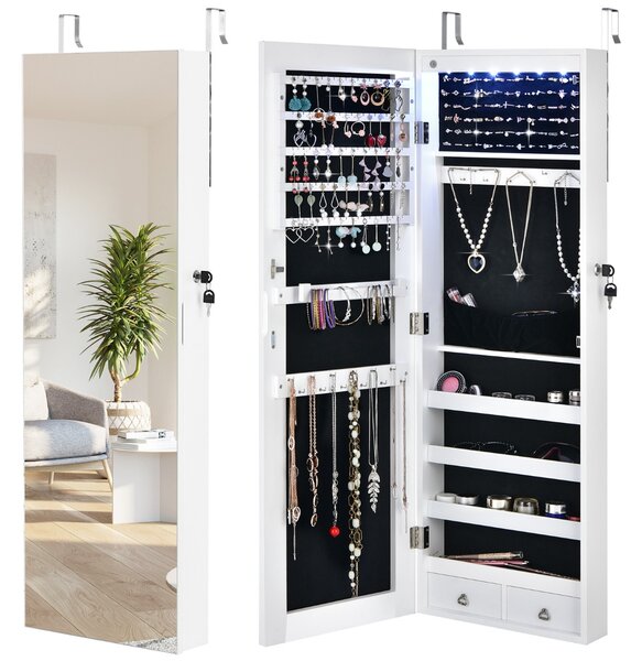 Costway Armadio per gioielli al muro o alla porta con specchio, Organizer gioielli con 6 luci LED e 2 cassetti Bianco
