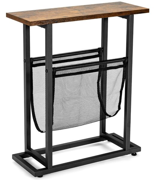 Costway Tavolino da salotto laterale in stile industriale con rete porta, Comodino retrò a 2 livelli con base di acciaio