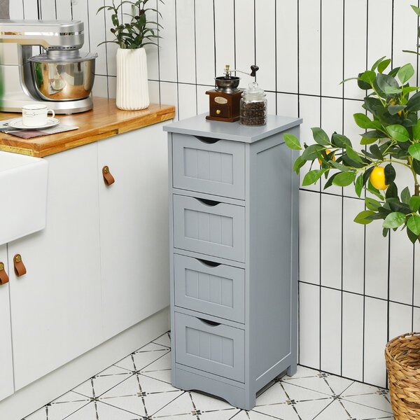 Costway Cassettiera verticale da terra di legno con 4 cassetti, Mobiletto autoportante per salone bagno 30x30x82cm Grigio