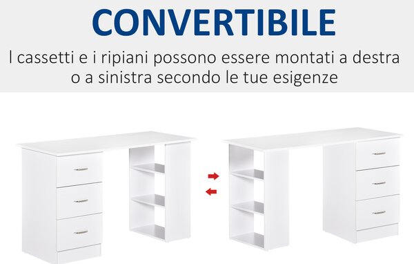 HOMCOM Scrivania PC Computer con 3 Cassetti Scrivania Bianca con3 Ripiani per Ufficio Camera in Legno Bianco 120x49x72cm|Aosom