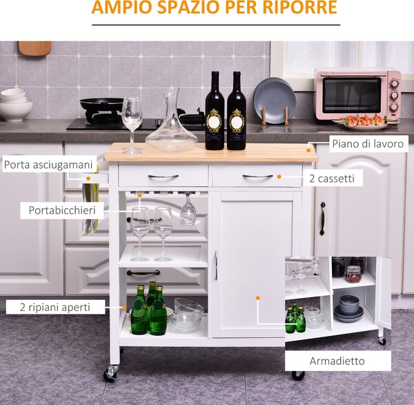 HOMCOM Carrello da Cucina Classico con Cassetti e Ruote Mobiletto Cucina in Legno Salvaspazio 89x40x84cm|Aosom