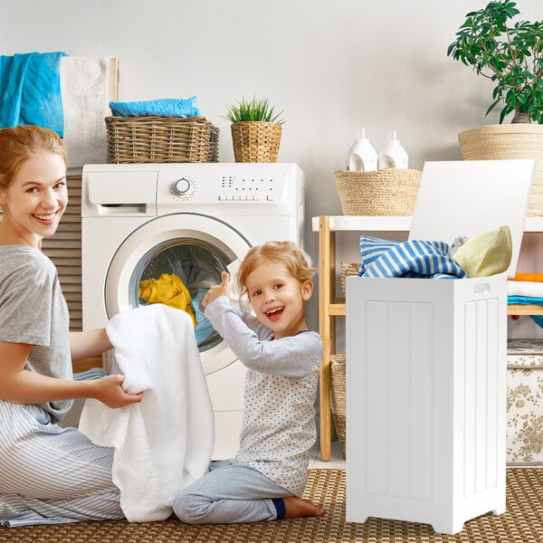 Costway Cesto della biancheria 35 L con coperchio cerniera di metallo, Armadietto con grande capacità per bagno Bianco