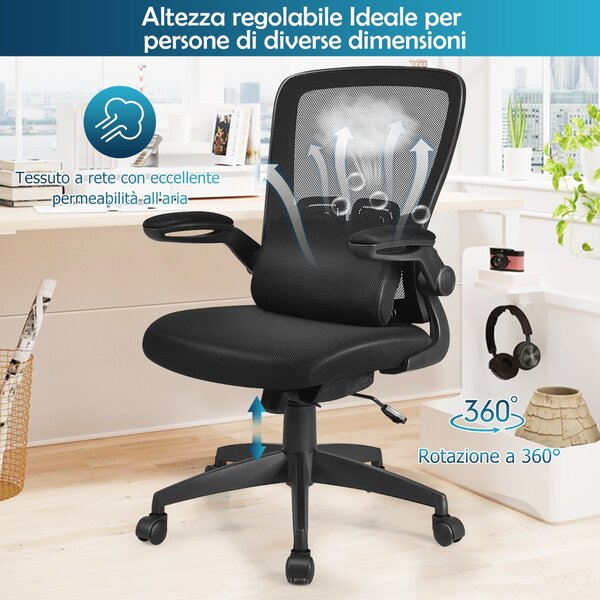 Costway Sedia leggera a rete da ufficio con supporto lombare, Sedia ergonomica per casa con schienale regolabile Nero