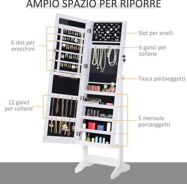 Homcom Armadio Specchio Portagioie Organizzatore per Gioielli Bloccabile con 20 Luci LED, Bianco, 40x37x146 cm|Aosom