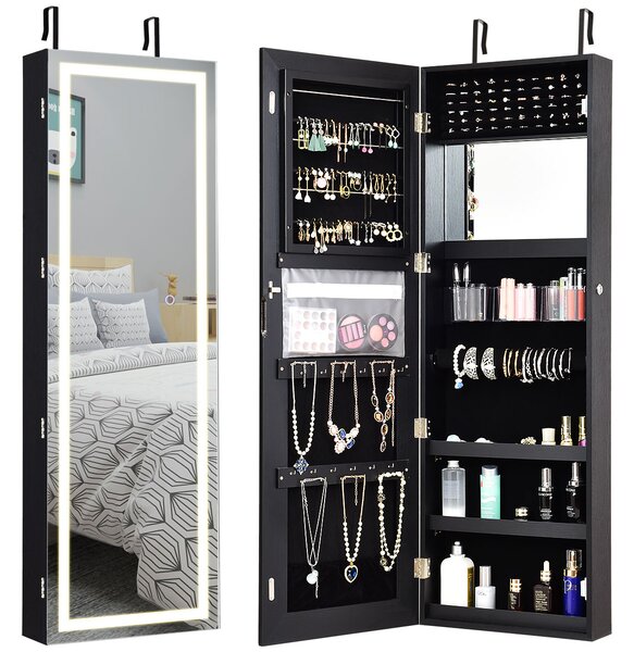Costway Armadietto per gioielli con strisce di luci LED al muro o alla porta, Armadio portagioielli con specchio Nero