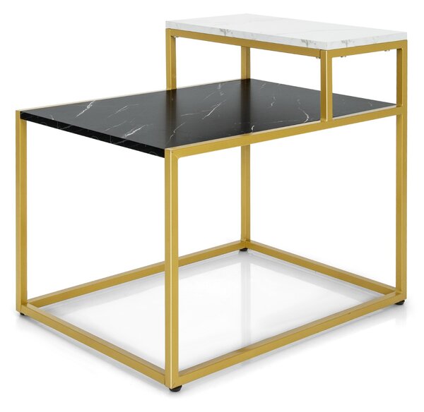 Costway Tavolino da salotto con 2 livelli e struttura di metallo, Tavolino laterale a forma di scala Bianco e nero