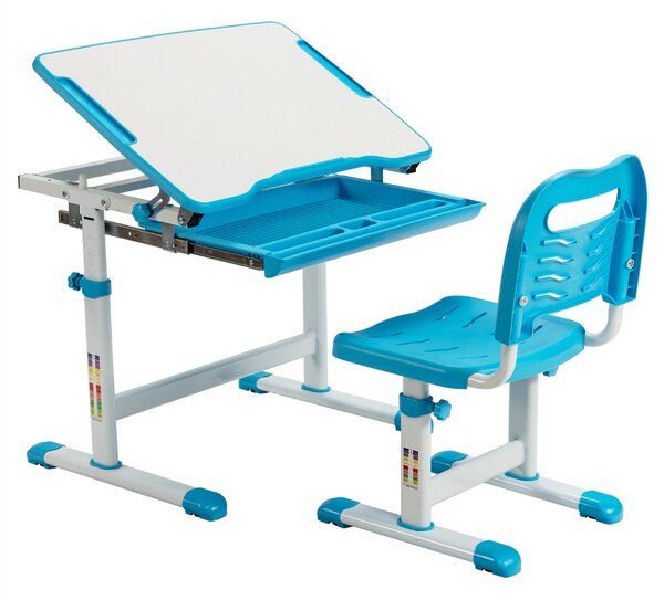 Costway Set scrivania e sedia per bambini con altezza regolabile e cassetto, Set tavolo con superficie inclinabile Blu