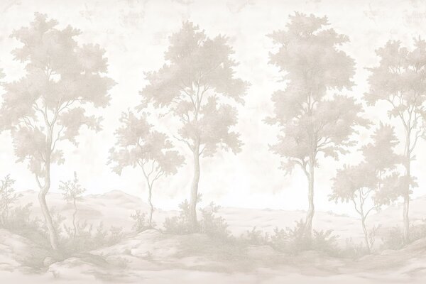 Carta da parati Alberi sulla collina, disegno in stile pastello, colori beige, rustico, Carta da parati Natura, w03550 : Uwalls.it