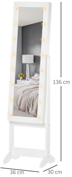 HOMCOM Armadio Portagioie Portagioielli Specchio Regolabile e Luci LED, Legno, Bianco, 36x30x136 cm|Aosom