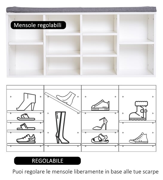 HOMCOM Panca Scarpiera Salvaspazio con Ripiani Regolabili in Legno con Cuscino Imbottito per 10 Paia di Scarpe, Bianco e Grigio, 104x30x48cm | Aosom