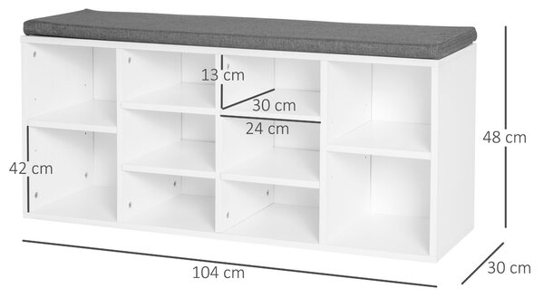 HOMCOM Panca Scarpiera Salvaspazio con Ripiani Regolabili in Legno con Cuscino Imbottito per 10 Paia di Scarpe, Bianco e Grigio, 104x30x48cm | Aosom