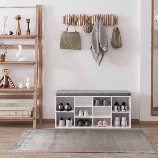 HOMCOM Panca Scarpiera Salvaspazio con Ripiani Regolabili in Legno con Cuscino Imbottito per 10 Paia di Scarpe, Bianco e Grigio, 104x30x48cm | Aosom