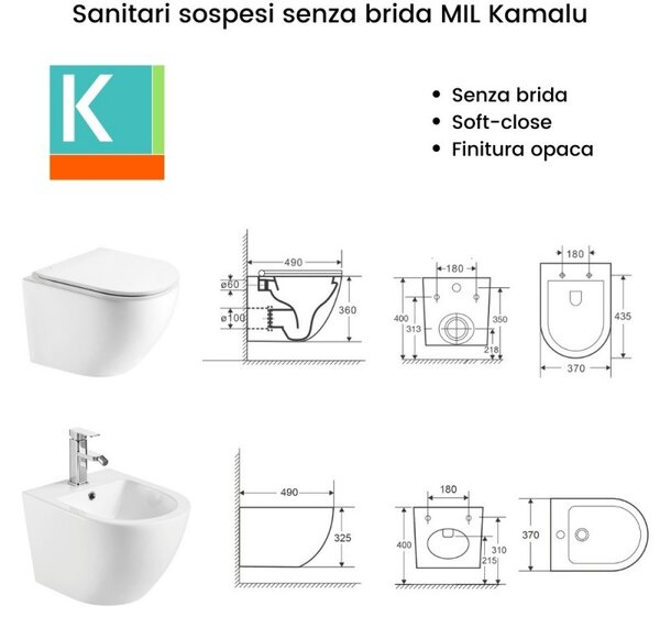 Kamalu vaso sospeso senza brida colore bianco opaco mil-b