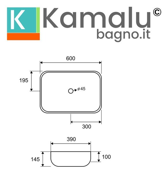 Kamalu lavabo da appoggio colore nero opaco design rettangolare arrotondato | 60cm mil-ln