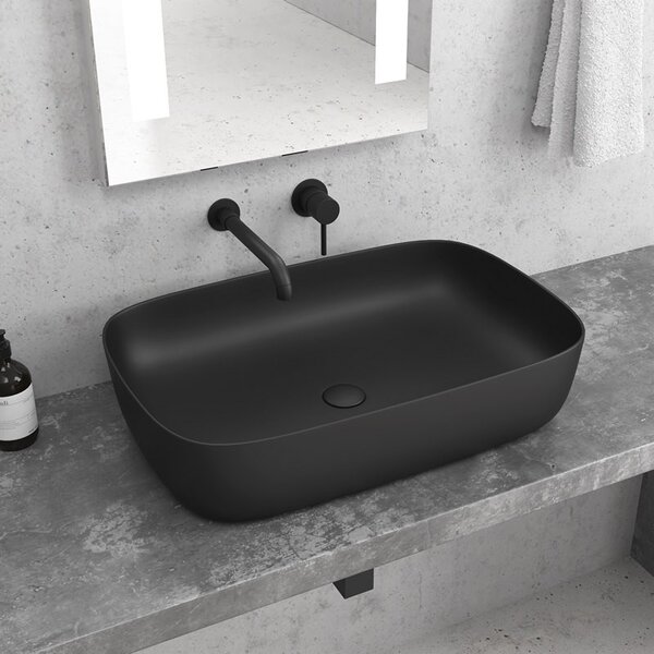 Kamalu lavabo da appoggio colore nero opaco design rettangolare arrotondato | 60cm mil-ln