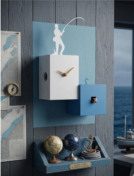 Orologio con cuc� da parete con pendolo Cassa in MDF PESCATORE Dimensioni 26x12x h 26 cm con Fotocellula Notturna colore Multicolor