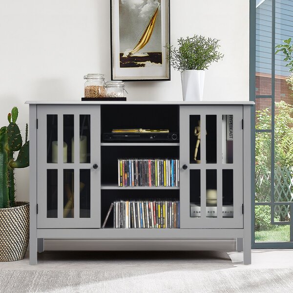 Costway Mobile di legno per TV con 2 ante e 3 mensole, Tavolo multimediale per salone 109x39,5x77cm Grigio