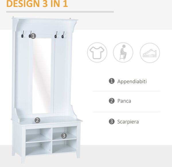 Homcom Mobile Ingresso con Appendiabiti Specchio e Scarpiera in Legno, Bianco, 80x40x170cm|Aosom