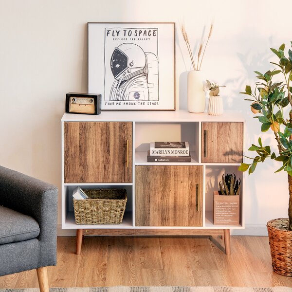 Costway Mobile moderno con 3 ante e scompartimenti, Credenza multiuso ideale per casa e ufficio Bianco e caffè