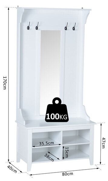 Homcom Mobile Ingresso con Appendiabiti Specchio e Scarpiera in Legno, Bianco, 80x40x170cm|Aosom