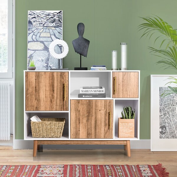 Costway Mobile moderno con 3 ante e scompartimenti, Credenza multiuso ideale per casa e ufficio Bianco e caffè