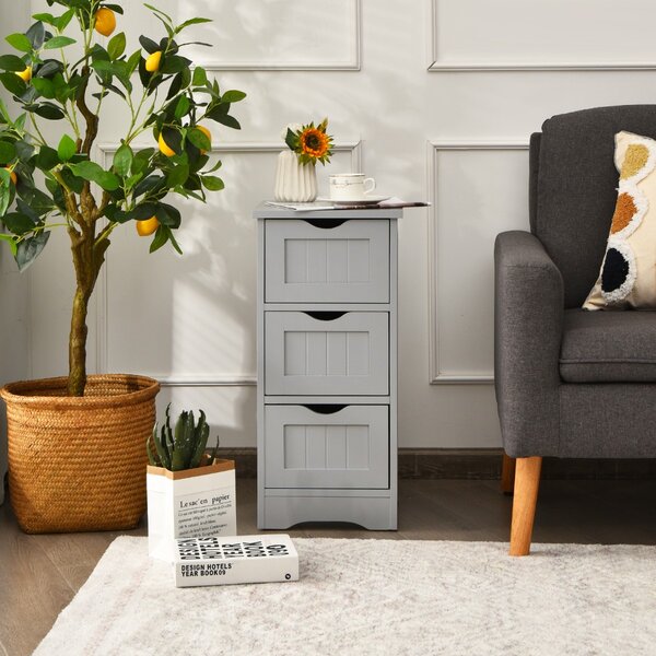 Costway Cassettiera verticale maniglie intagliate e dispositivo antiribaltamento, Mobile del bagno con 3 cassetti Grigio